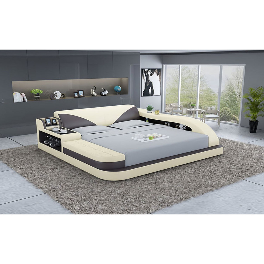Jubilee Plaff Queen Size Right Hand Facing Bed with Storage - Beige/Dark Brown, Bonded Leather