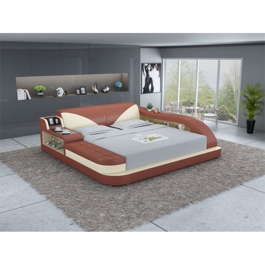 Jubilee Plaff Queen Size Right Hand Facing Bed with Storage - Brown/Beige, Top Grain Italian Leather
