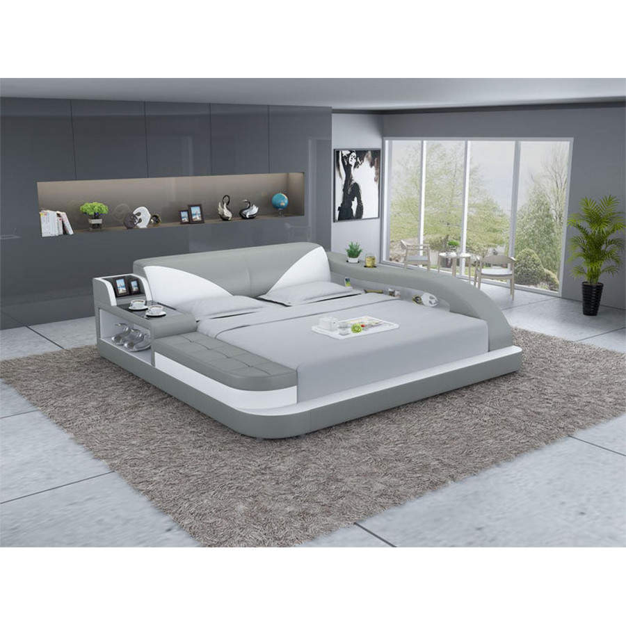 Jubilee Plaff Queen Size Right Hand Facing Bed with Storage - Light Gray/White, Bonded Leather