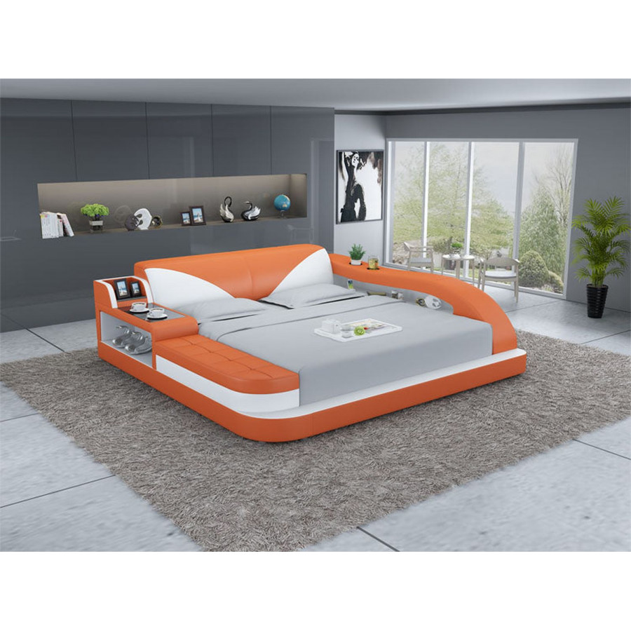 Jubilee Plaff Queen Size Right Hand Facing Bed with Storage - Orange/White, Bonded Leather