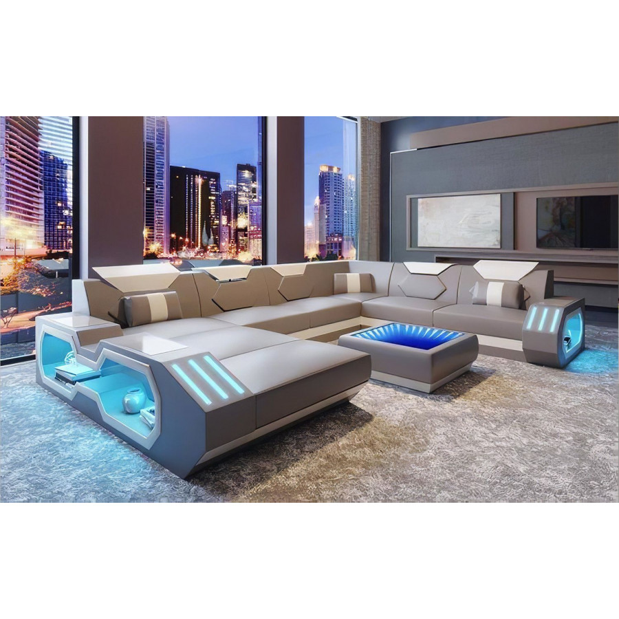 Jubilee Sahara Modern Left Hand Facing Sectional with Led - Gray/White, Bonded Leather