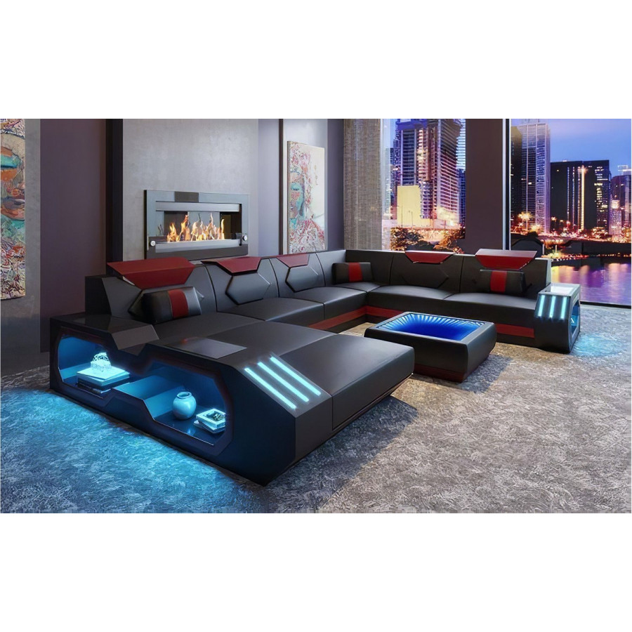 Jubilee Sahara Modern Left Hand Facing Sectional with Led - Black/Red, Bonded Leather