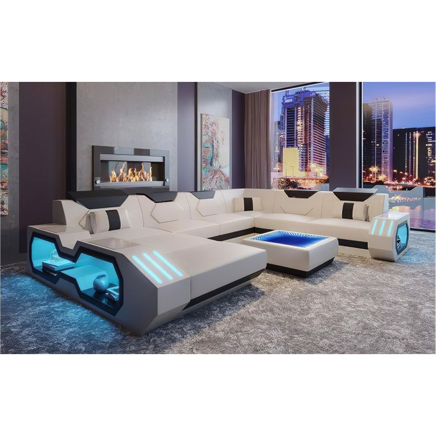 Jubilee Sahara Modern Left Hand Facing Sectional with Led - White/Black, Bonded Leather
