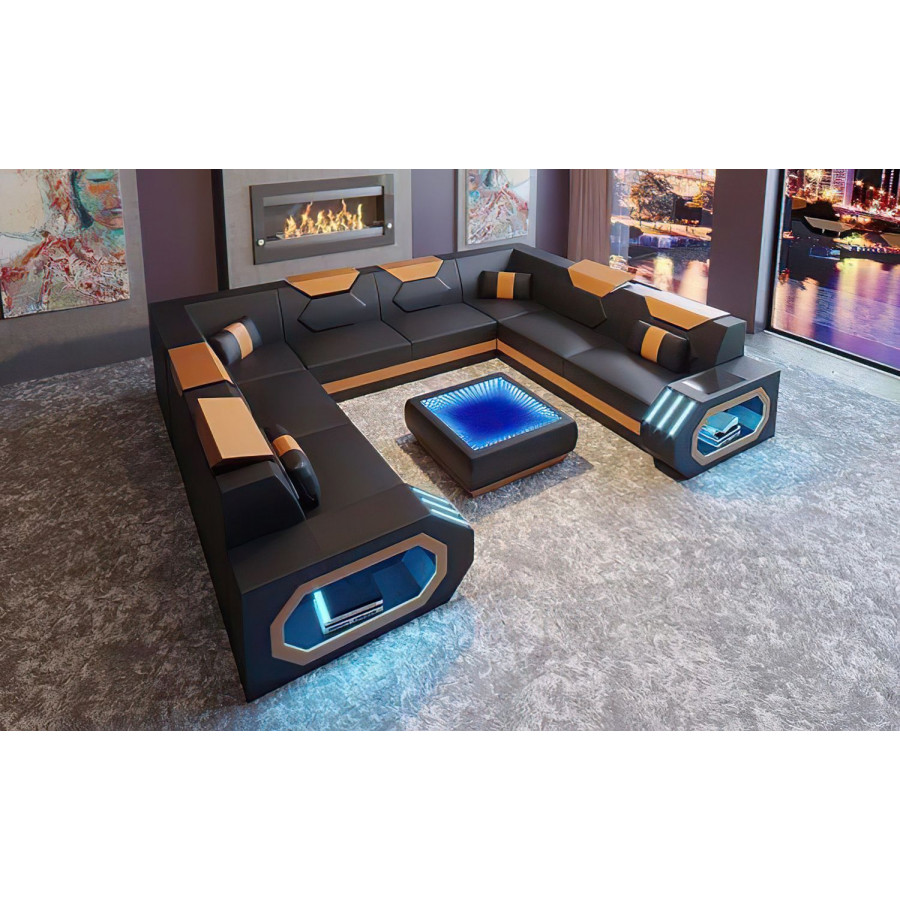 Jubilee Sahara U-Shape Sectional - Black/Orange, Bonded Leather