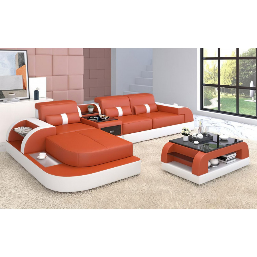 Jubilee Piliu Small Left Hand Facing Sectional with Chaise - Orange/White, Bonded Leather