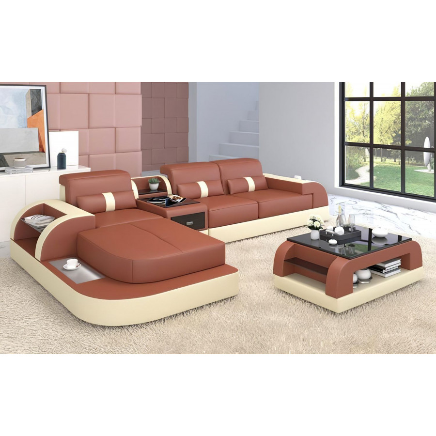 Jubilee Piliu Small Left Hand Facing Sectional with Chaise - Brown/Beige, Bonded Leather