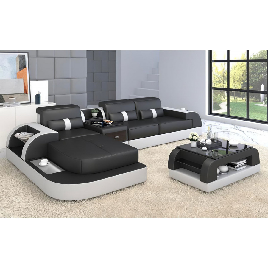 Jubilee Piliu Small Left Hand Facing Sectional with Chaise - Black/White, Bonded Leather