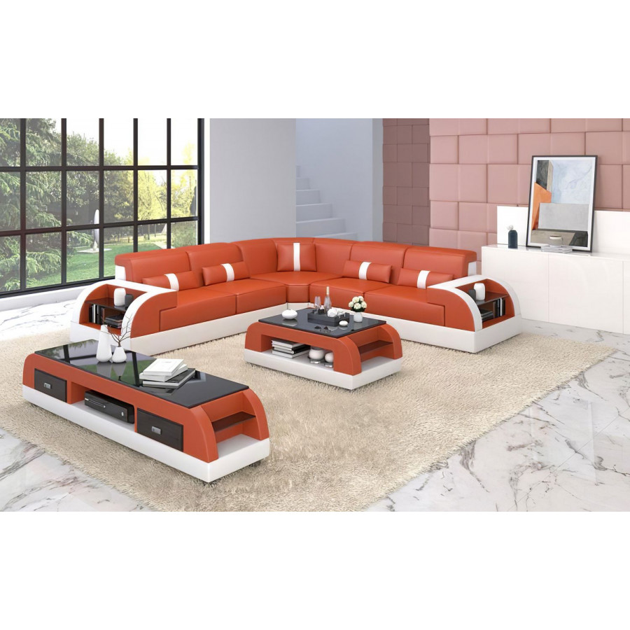 Jubilee Piliu Corner Sectional with Side Storage - Orange/White, Bonded Leather