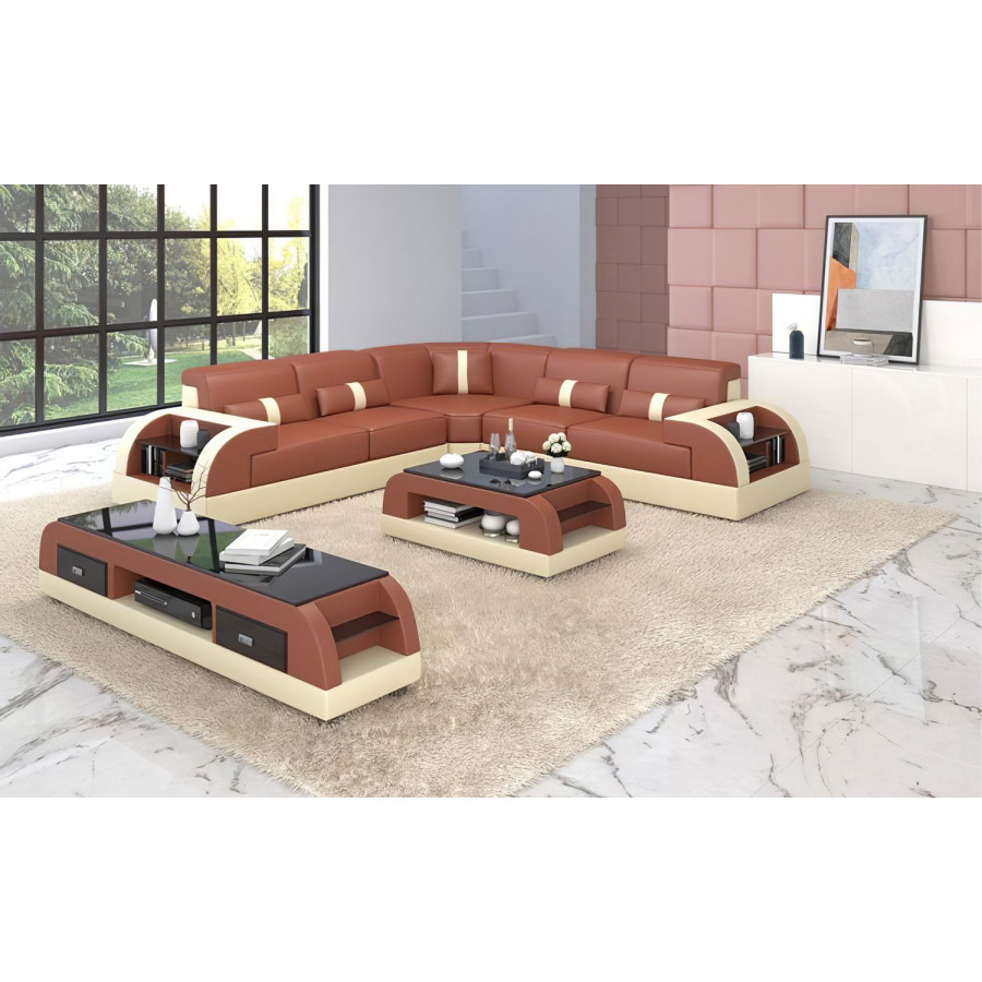 Jubilee Piliu Corner Sectional with Side Storage - Brown/Beige, Bonded Leather