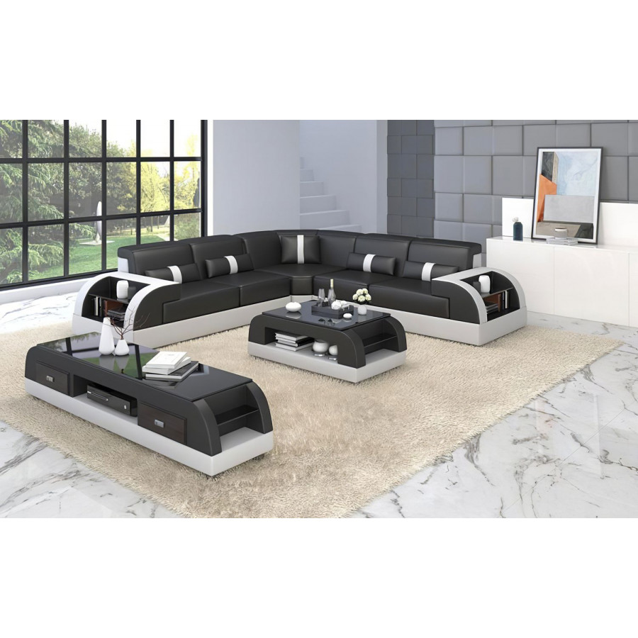 Jubilee Piliu Corner Sectional with Side Storage - Black/White, Bonded Leather