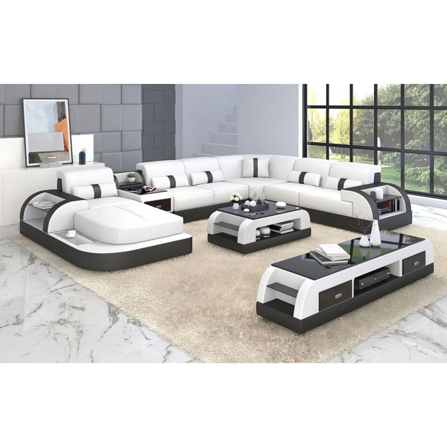 Jubilee Piliu Modern U-Shape Left Hand Facing Sectional - White/Black, Bonded Leather