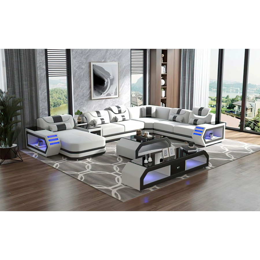 Jubilee Oject Modern Left Hand Facing Sectional with Led - White/Black, Bonded Leather