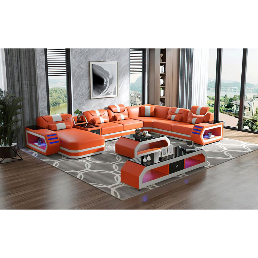Jubilee Oject Modern Left Hand Facing Sectional with Led - Orange/White, Bonded Leather