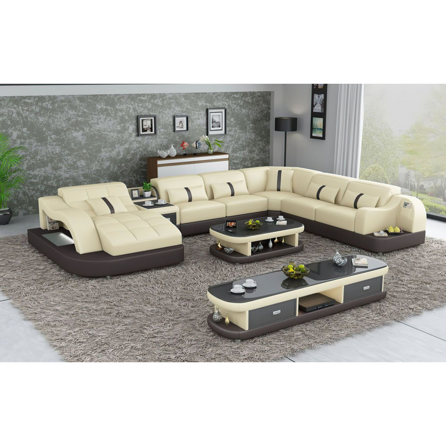Jubilee Reversible Corner Left Hand Facing Sectional with Led - Beige/Dark Brown, Bonded Leather