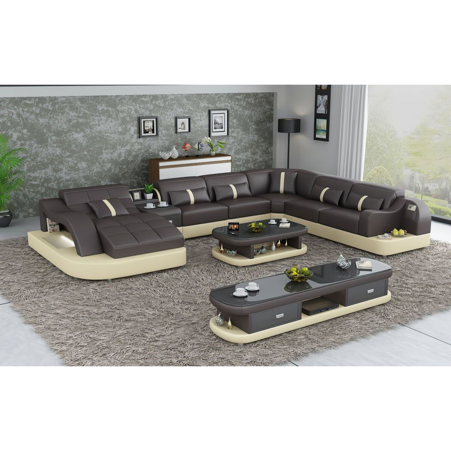 Jubilee Reversible Corner Left Hand Facing Sectional with Led - Dark Brown/Beige, Bonded Leather