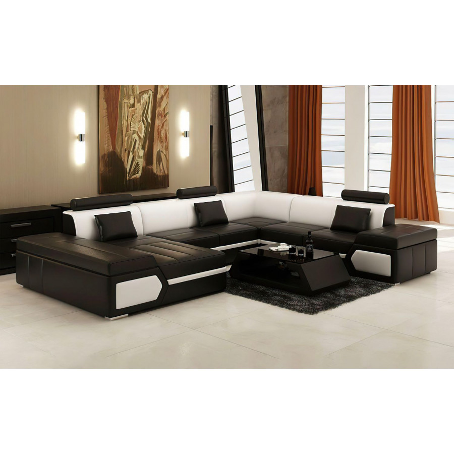 Jubilee Lanz Modern Left Hand Facing Sectional with Chaise - Black/White, Bonded Leather