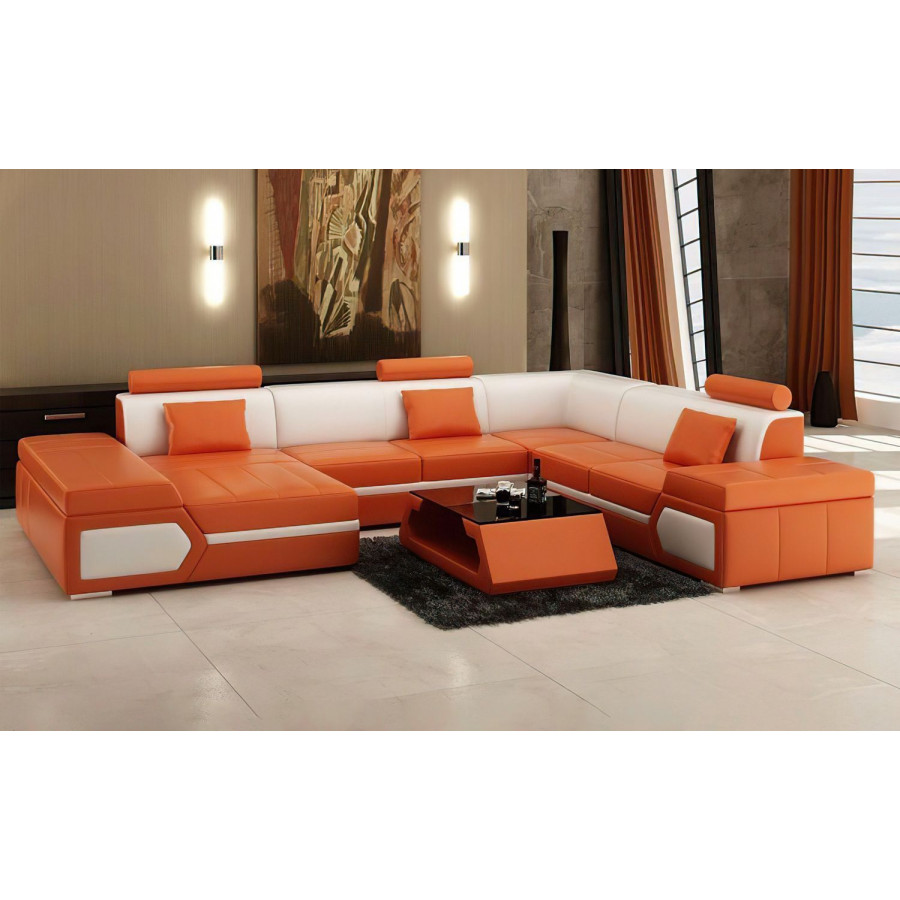 Jubilee Lanz Modern Left Hand Facing Sectional with Chaise - Orange/White, Bonded Leather