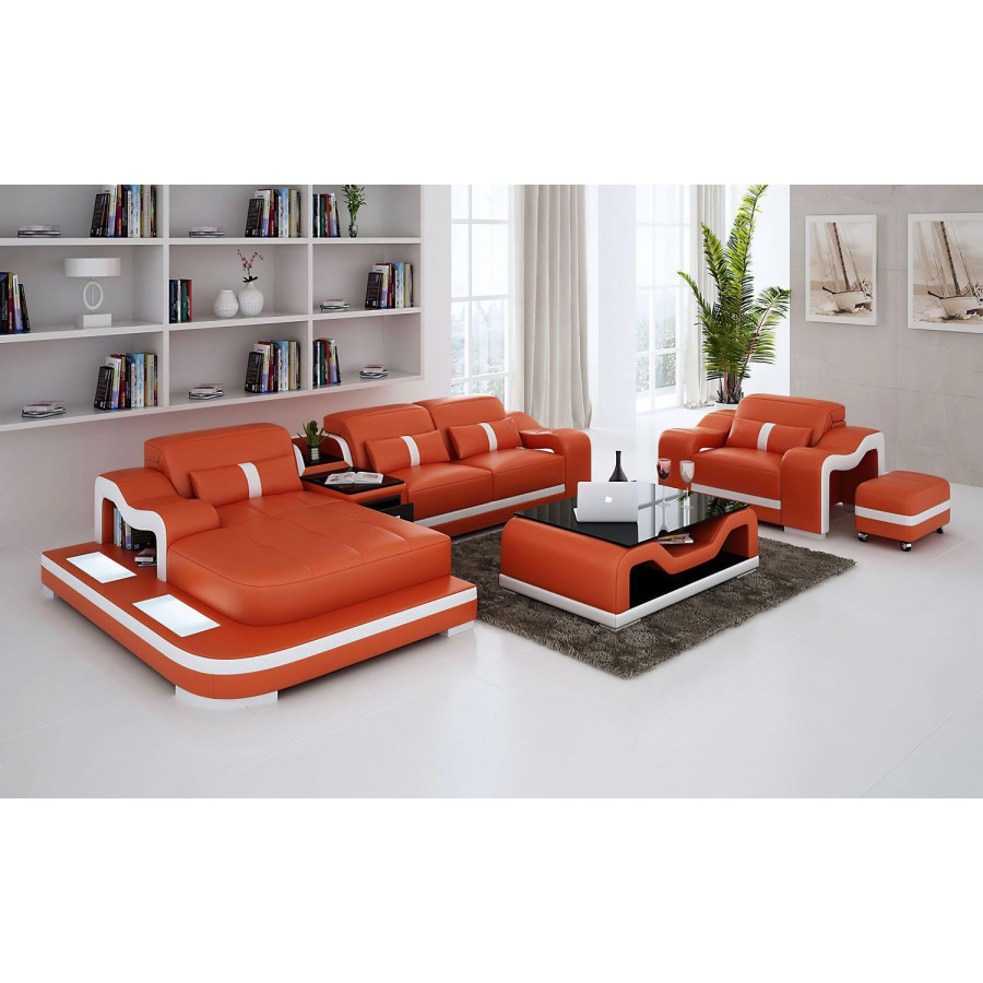 Jubilee Bayard Left Hand Facing Sectional with Ottoman - Orange/White, Bonded Leather