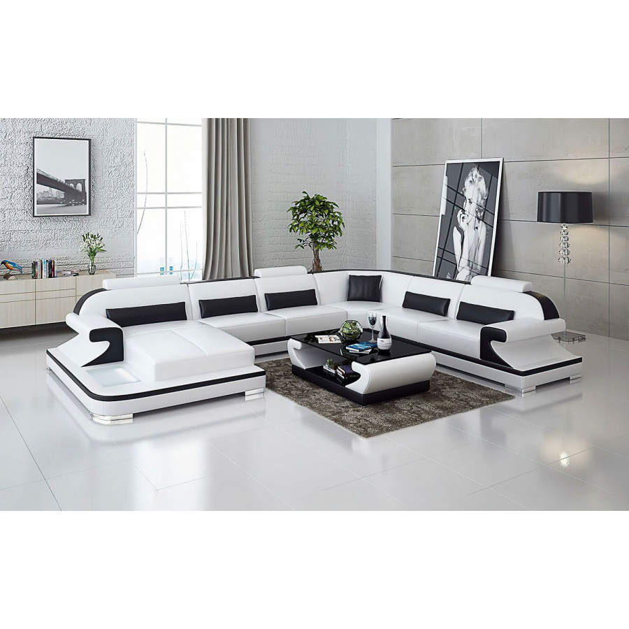 Jubilee Josia Large Left Hand Facing Sectional Sofas with Adjustable Headrest - White/Black, Bonded Leather