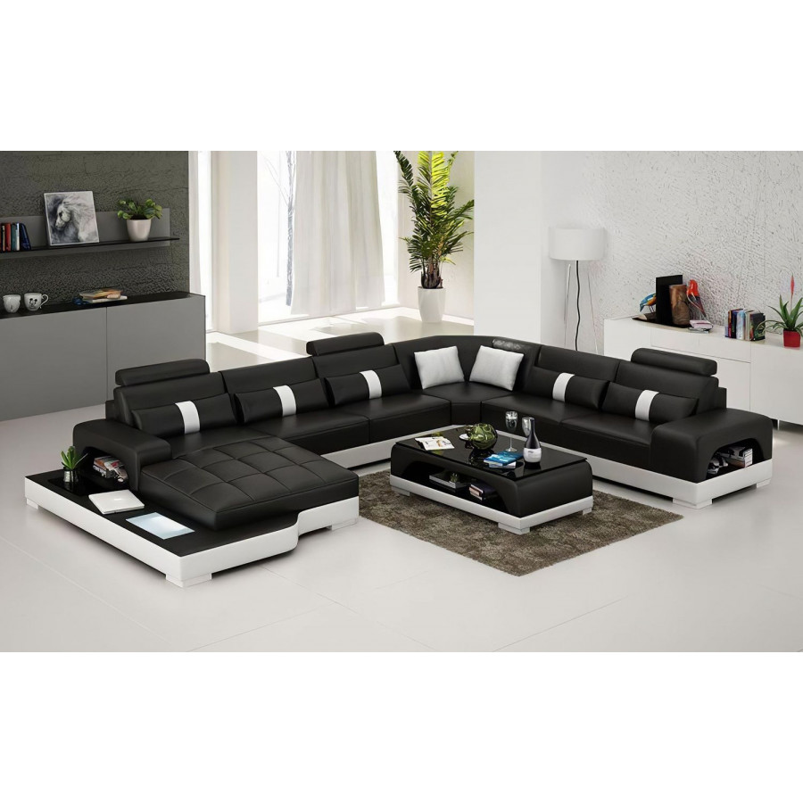 Jubilee Mequon Large Left Hand Facing Sectional with Leds - Black/White, Bonded Leather