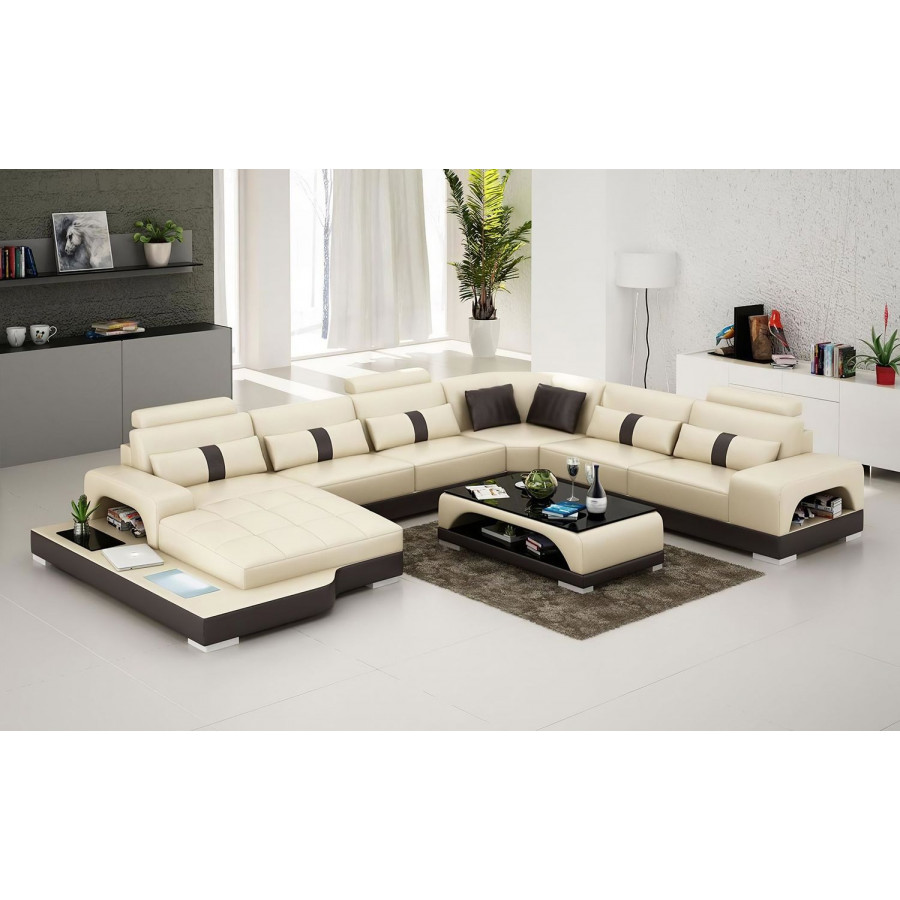 Jubilee Mequon Large Left Hand Facing Sectional with Leds - Beige/Dark Brown, Bonded Leather