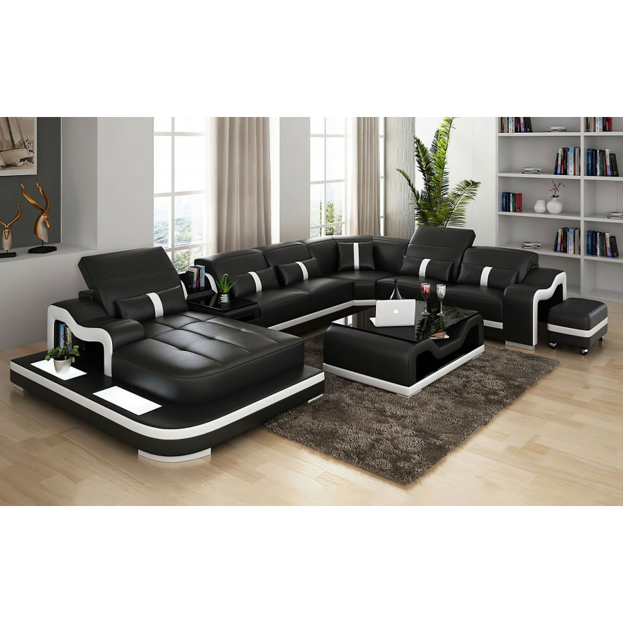 Jubilee Sydney Large Left Hand Facing Sectional with Side Table - Black/White, Bonded Leather