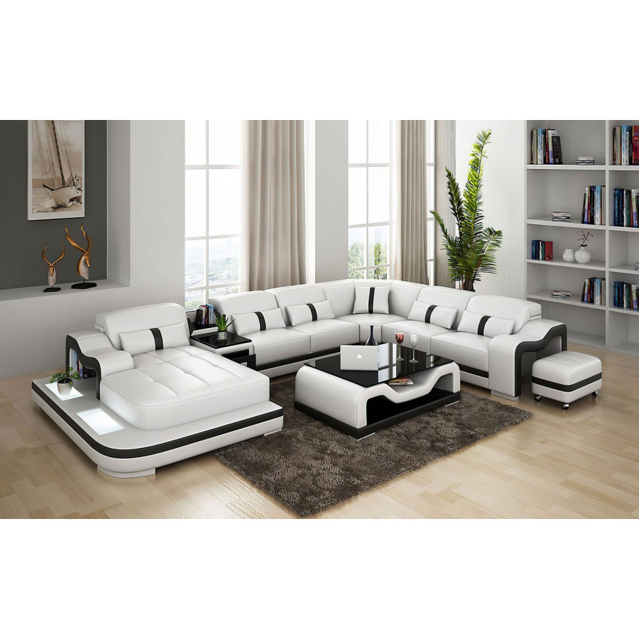 Jubilee Sydney Large Left Hand Facing Sectional with Side Table - White/Black, Bonded Leather