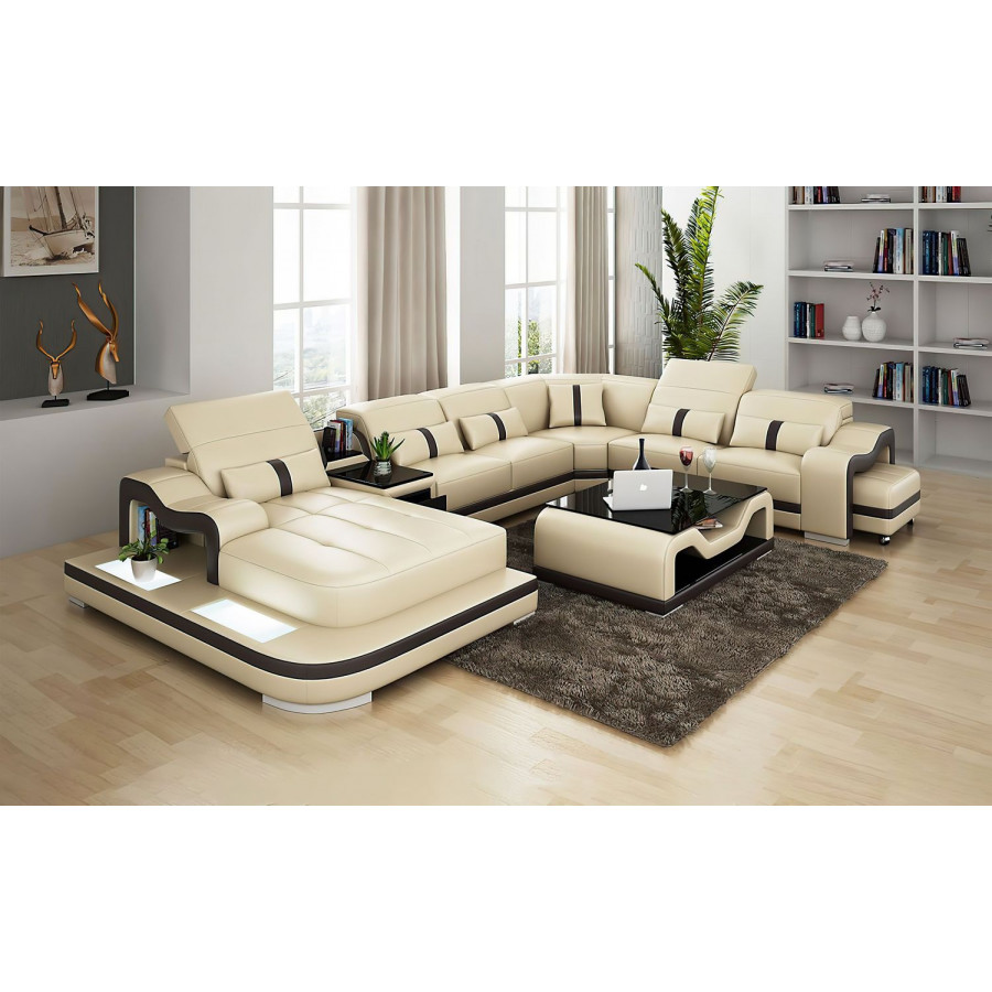 Jubilee Sydney Large Left Hand Facing Sectional with Side Table - Beige/Dark Brown, Bonded Leather