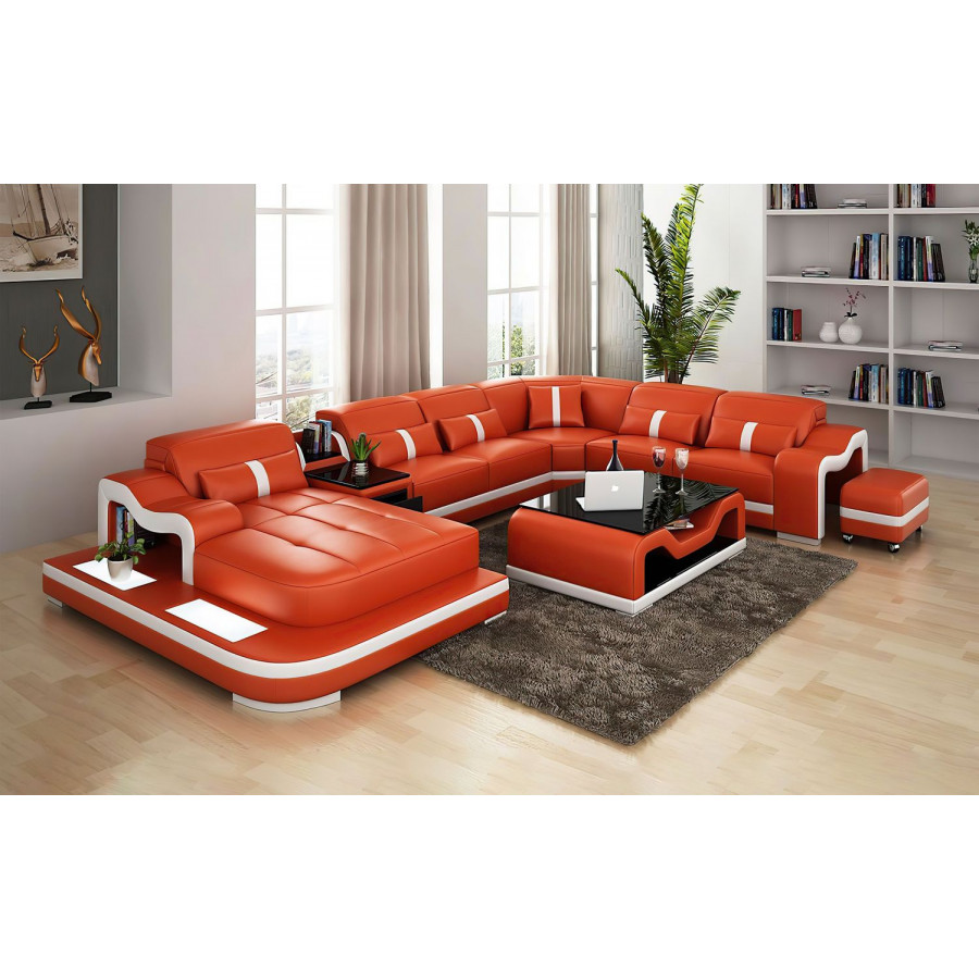 Jubilee Sydney Large Left Hand Facing Sectional with Side Table - Orange/White, Bonded Leather