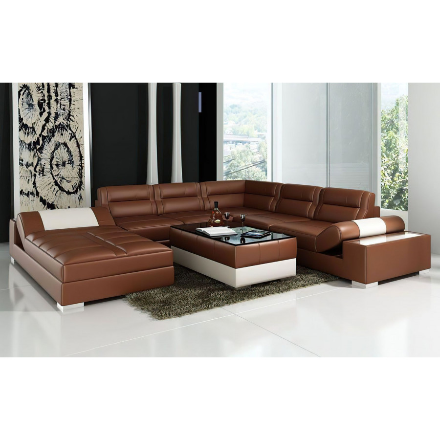 Jubilee Thataway Modern Left Hand Facing Sectional with Storage - Brown/White, Bonded Leather