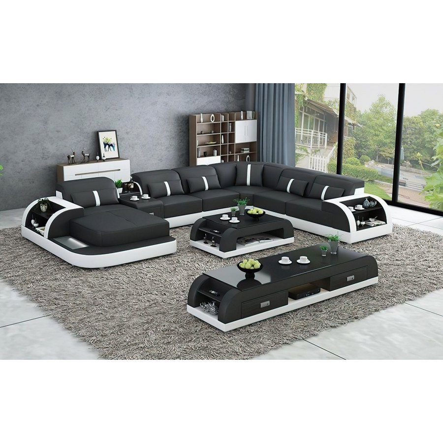 Jubilee Blaylock Modern Left Hand Facing Sectional Sofa with Led - Black/White, Bonded Leather