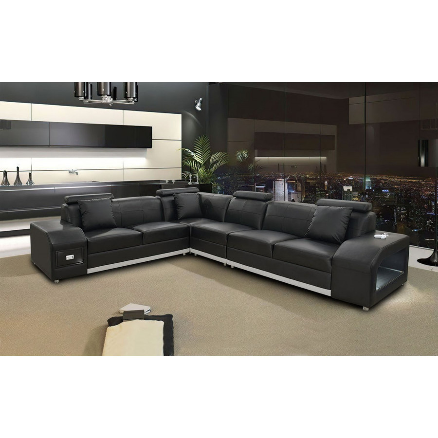 Jubilee Giada Left Hand Facing Sectional with Leds - Black/White, Bonded Leather