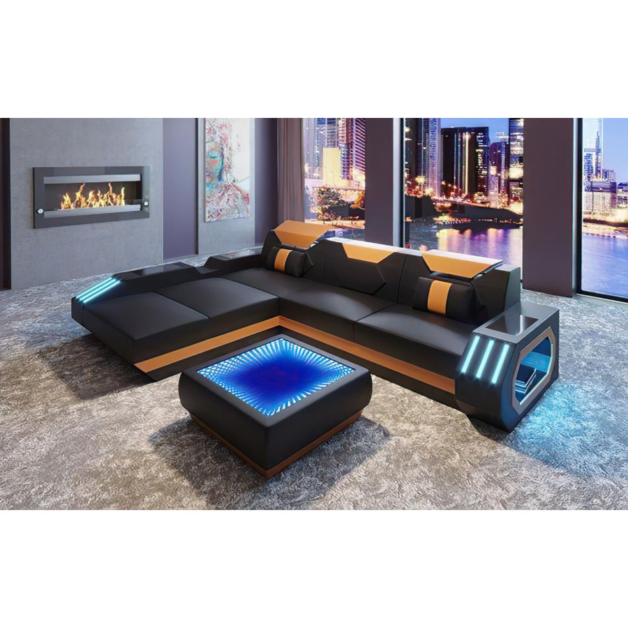 Jubilee Sahara Small Left Hand Facing Sectional with Chaise - Black/Orange, Top Grain Italian Leather