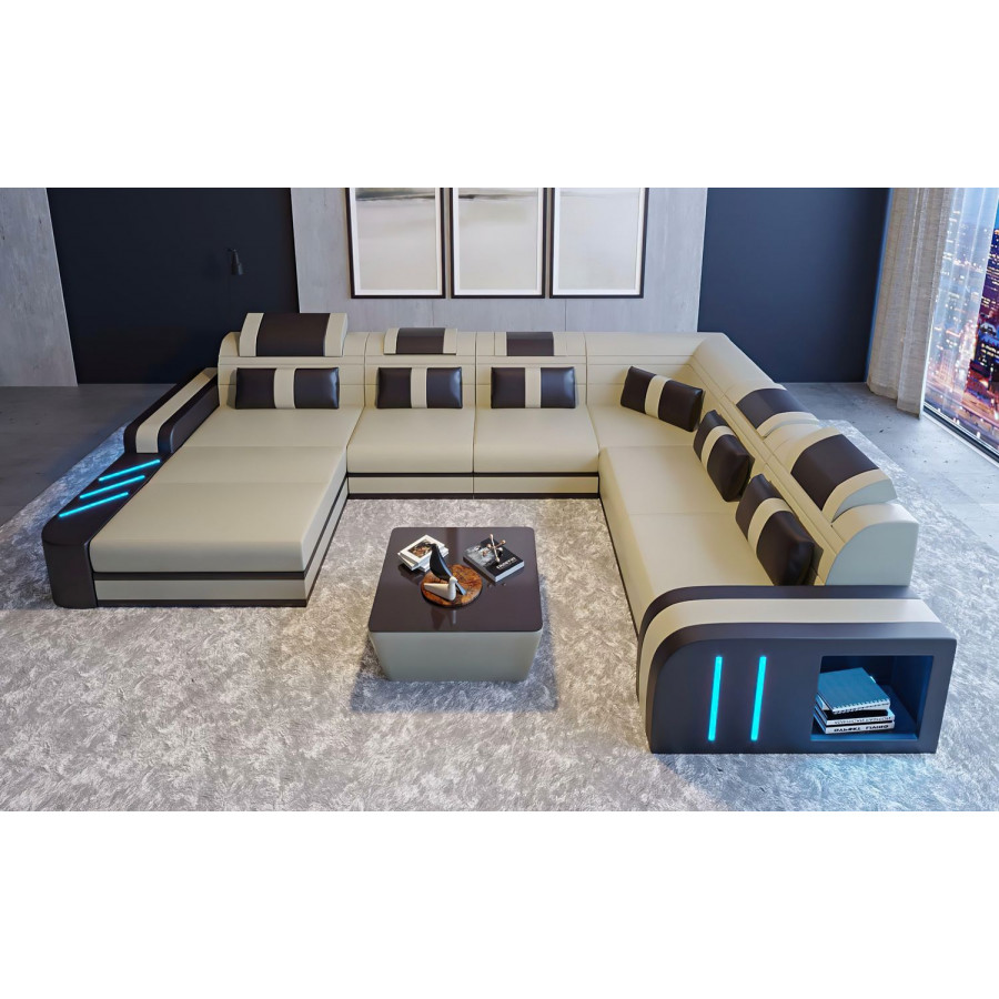 Jubilee Ralutic Modern U-Shape Left Hand Facing Sectional - Light Gray/Dark Brown, Top Grain Italian Leather
