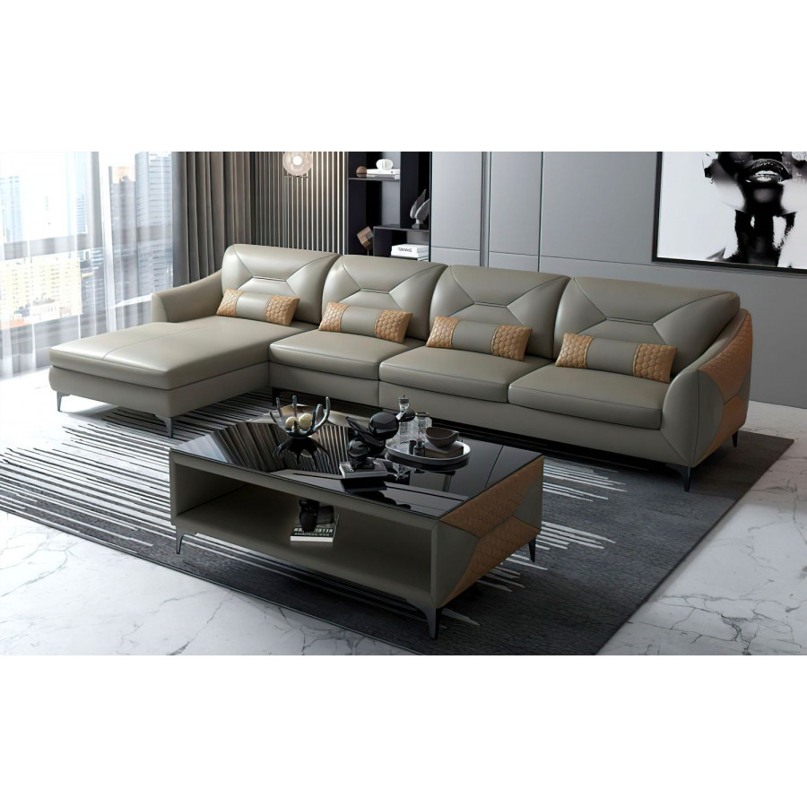 Jubilee Bysic Small Left Hand Facing Sectional with Chaise - Gray/Tan, Top Grain Italian Leather