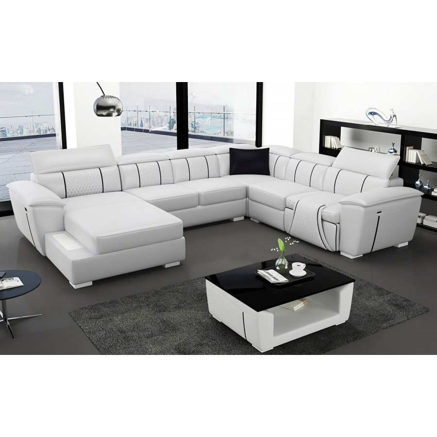 Jubilee Uli Modern U-Shape Left Hand Facing Sectional - White/Black, Top Grain Italian Leather