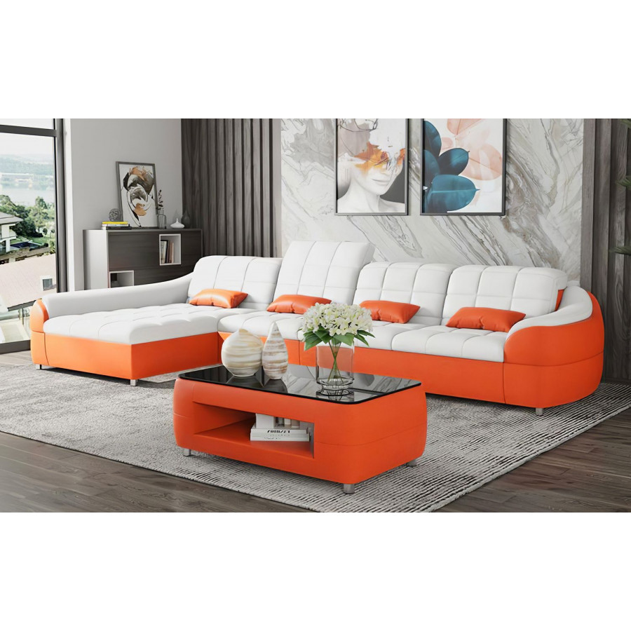 Jubilee Aumin Small Left Hand Facing Sectional with Chaise - White/Orange, Top Grain Italian Leather