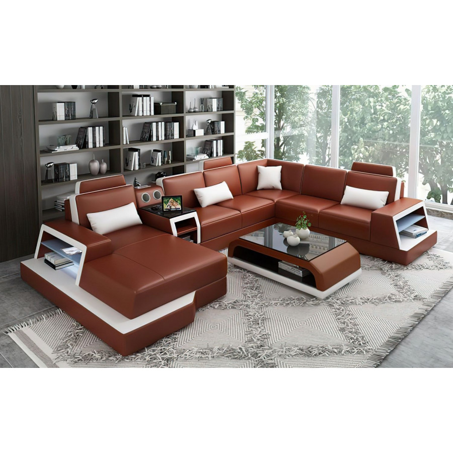 Jubilee Civia Modern Left Hand Facing Sectional with Console Table - Brown/White, Top Grain Italian Leather