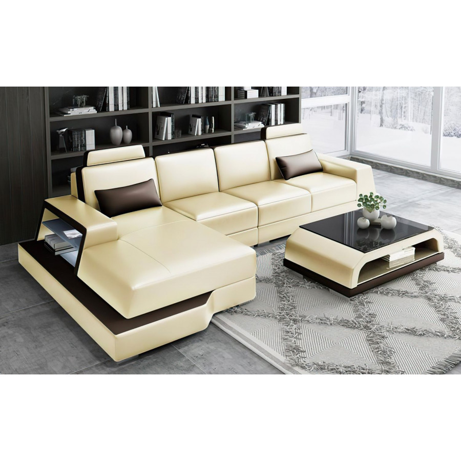 Jubilee Civia Small Left Hand Facing Sectional with Side Storage - Beige/Dark Brown, Top Grain Italian Leather