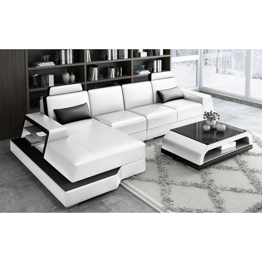 Jubilee Civia Small Left Hand Facing Sectional with Side Storage - White/Black, Top Grain Italian Leather