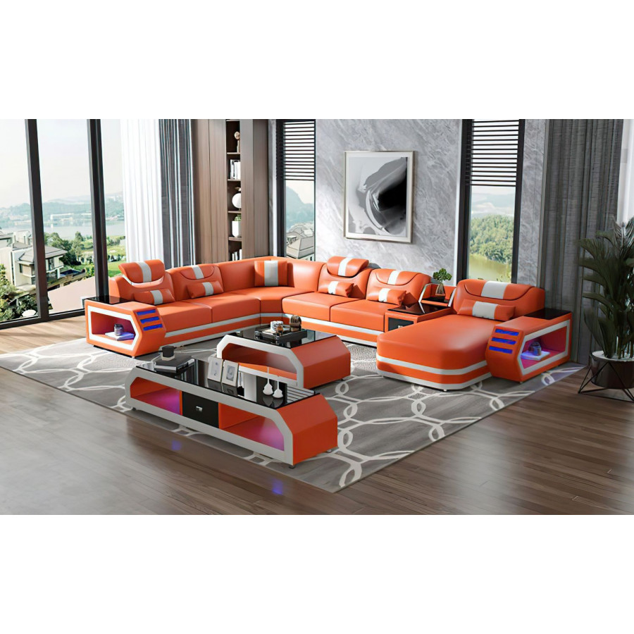 Jubilee Oject Modern Right Hand Facing Sectional with Led - Orange/White, Bonded Leather