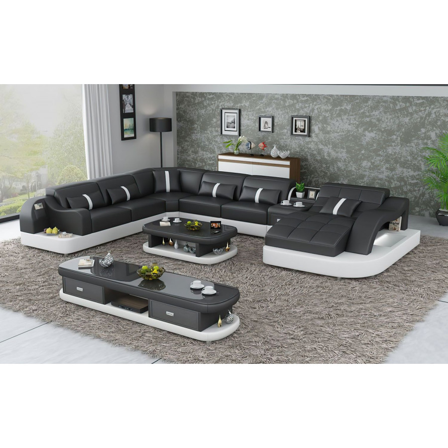 Jubilee Reversible Corner Right Hand Facing Sectional with Led - Black/White, Bonded Leather