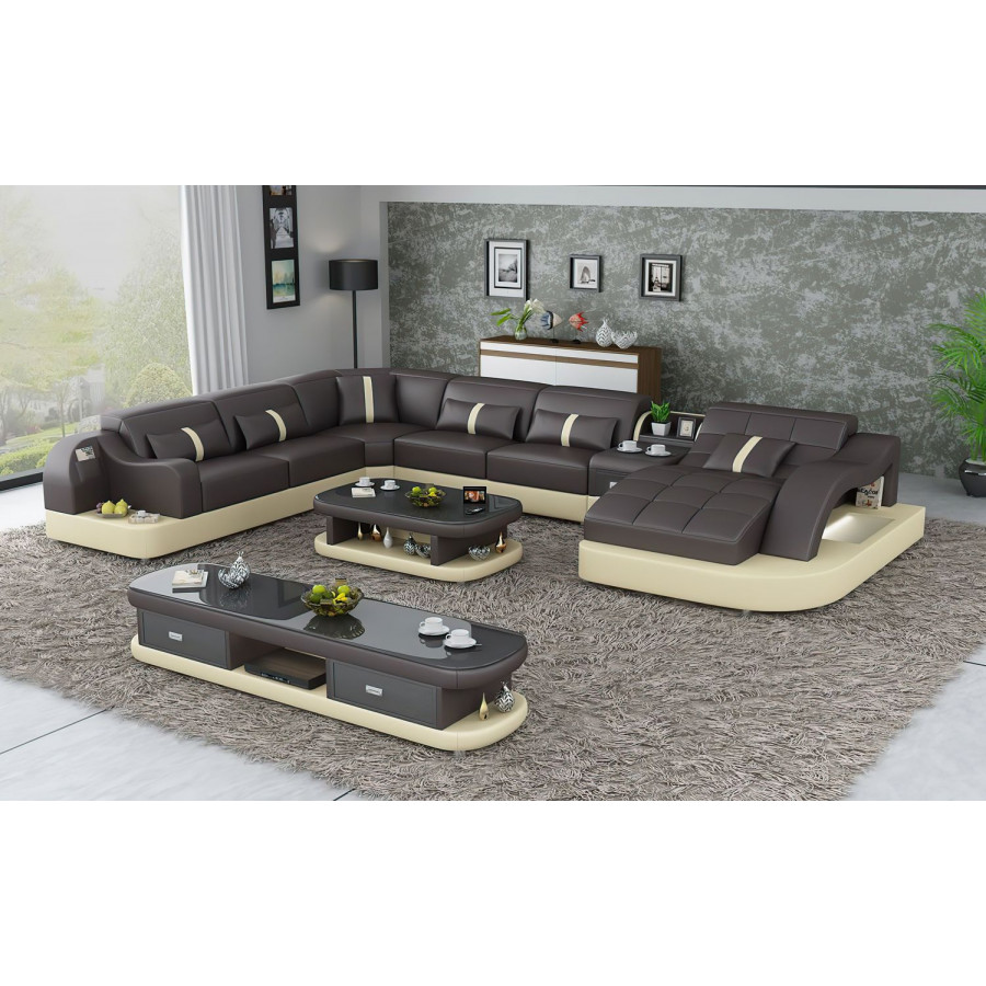 Jubilee Reversible Corner Right Hand Facing Sectional with Led - Dark Brown/Beige, Bonded Leather