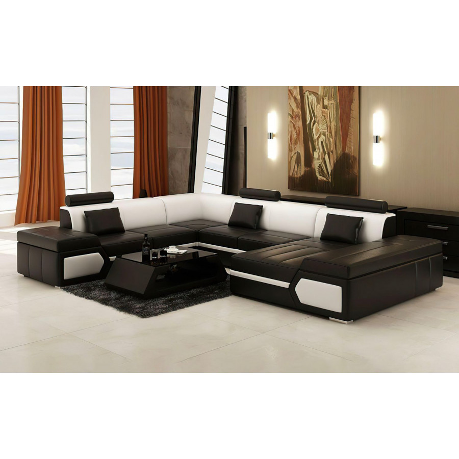 Jubilee Lanz Modern Right Hand Facing Sectional with Chaise - Black/White, Bonded Leather