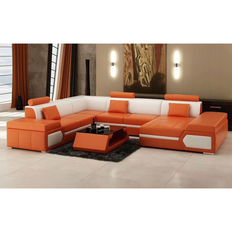 Jubilee Lanz Modern Right Hand Facing Sectional with Chaise - Orange/White, Bonded Leather