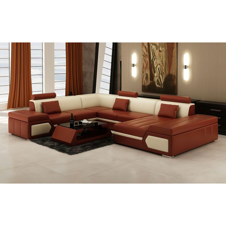 Jubilee Lanz Modern Right Hand Facing Sectional with Chaise - Brown/Beige, Bonded Leather