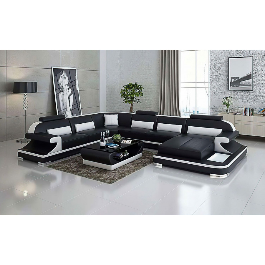 Jubilee Josia Large Right Hand Facing Sectional Sofas with Adjustable Headrest - Black/White, Bonded Leather