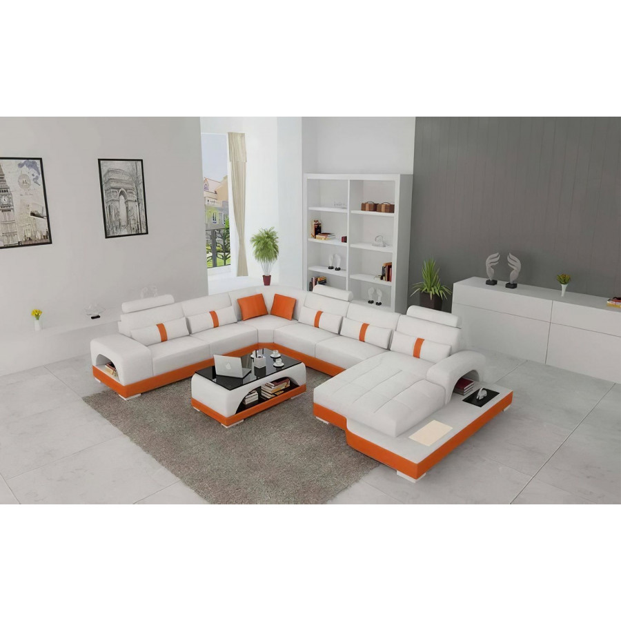 Jubilee Mequon Large Right Hand Facing Sectional with Leds - White/Orange, Bonded Leather