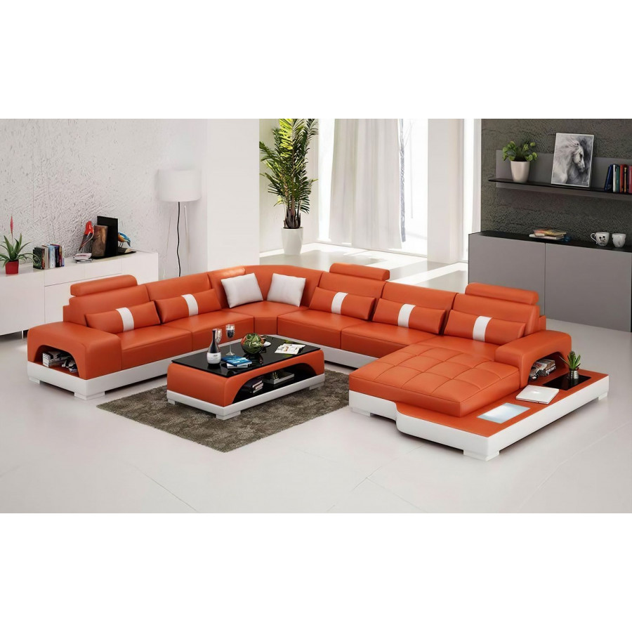 Jubilee Mequon Large Right Hand Facing Sectional with Leds - Orange/White, Bonded Leather