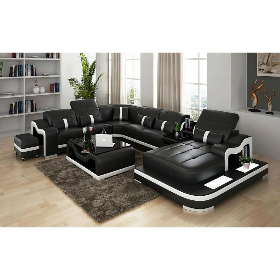 Jubilee Sydney Large Right Hand Facing Sectional with Side Table - Black/White, Bonded Leather